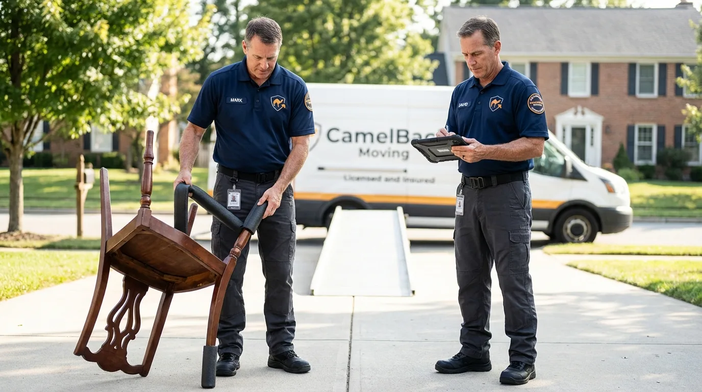 Movers inspecting furniture for damage prevention before loading in Waynesburg, PA