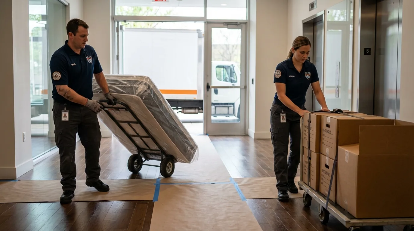 Professional apartment movers loading elevator in Waynesburg, PA