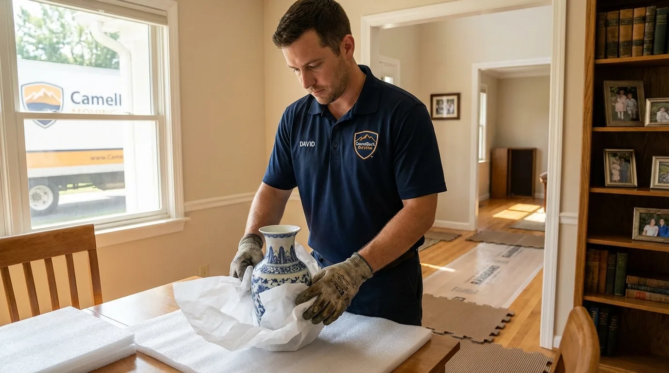 Professional crew carefully wrapping antique vase for senior downsizing move in Waynesburg, PA